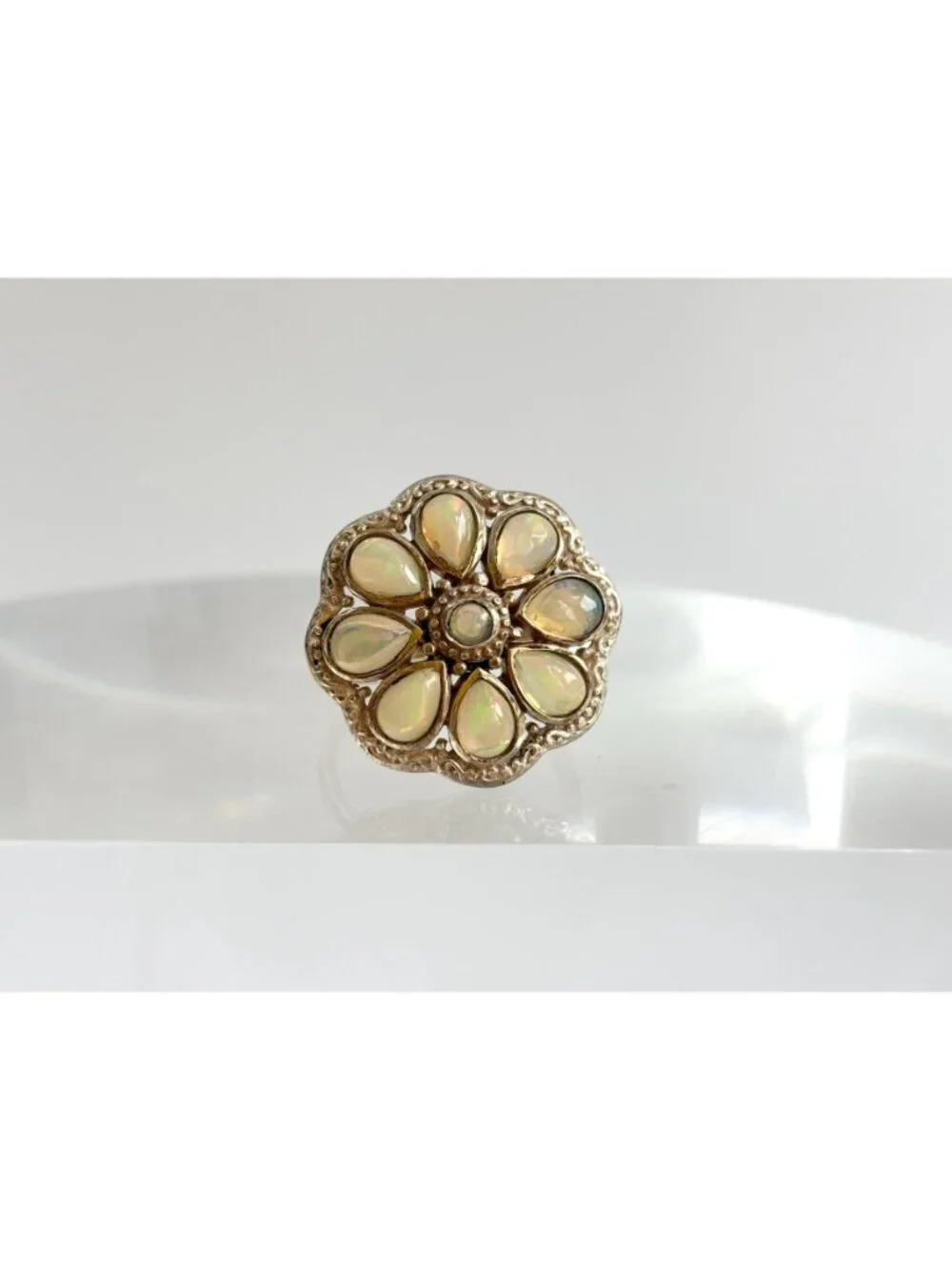 Teardrop Yellow Opal Scalloped Floral Sterling Silver 925 Vintage Ring - sz 8